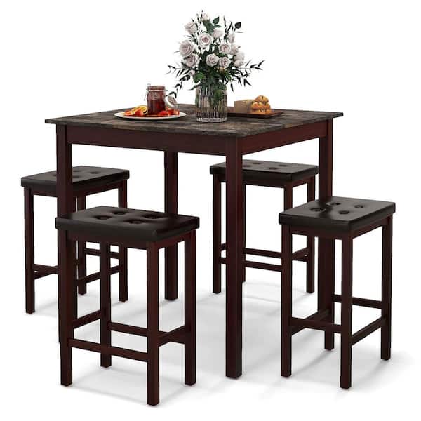 Costway 5-Piece Square Brown Wood Top Bar Table Set Dining Table and 4 PVC Leather Upholstered Bar Stools Seats 4