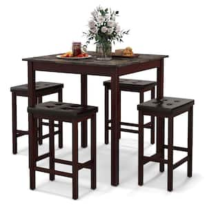 5-Piece Square Brown MDF Top Bar Table Set Dining Table & 4 PVC Leather Upholstered Bar Stools Seats 4