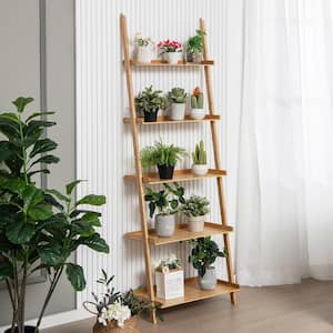 72 in. Tall Natural Bamboo 5-Shelf Ladder Shelf Wall-Leaning Display Bookcase Storage Rack (2-Pieces)