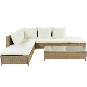 3-Piece Natural Brown Wicker Outdoor Sectional Set with Beige Cushion, Adjustable Chaise Lounge Frame