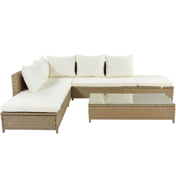 Zeus & Ruta 3-Piece Natural Brown Wicker Outdoor Sectional Set with Beige Cushion, Adjustable Chaise Lounge Frame