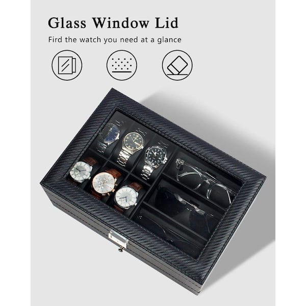 6-Slot Watch Box with 3-Slot Sunglass Organizer-Glass Lid PU