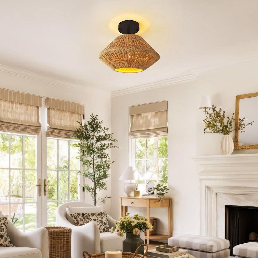 12 in. 1-Light Bohemian Matte Black Drum Semi-Flush Mount with Woven Hemp Rope Shade for Living Room price history on PriceWatchPro