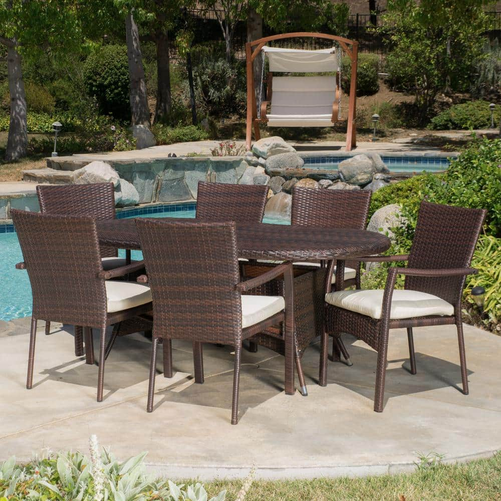 Noble House Hope Multi-Brown 7-Piece Plastic Outdoor Dining Set with ...