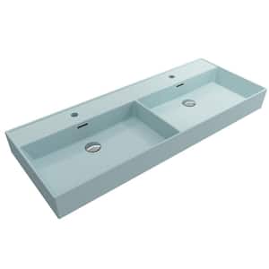 Milano Wall-Mounted Matte Ice Blue Fireclay Rectangular Double Bowl for Two 1-Hole Faucets Vessel Sink with Overflows
