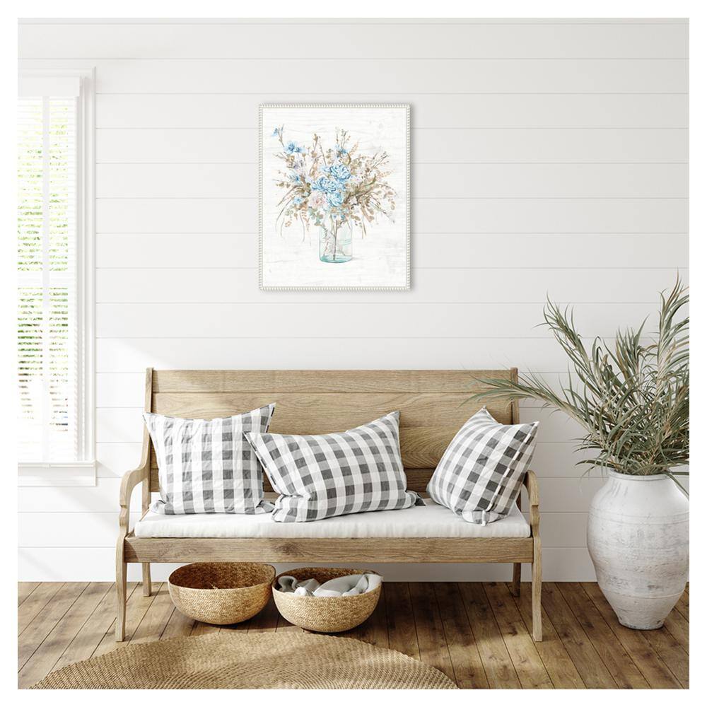 Blue Flowers in Glass Vase Canvas Wall Art with White Frame