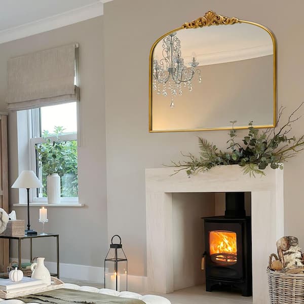 Sxiawe 35.8 in. W x 29.9 in. H Baroque Classic Antique Gold Arched Stainless Metal Frame Wall Mirror