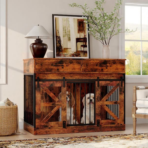 47 in. Rustic Brown Dog Crate Furniture w/ Drawer Storage, Metal Frame Kennel End Table for Small Dog, 66 lbs. Capacity