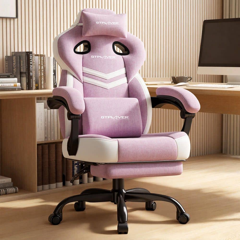 Big and Tall Gaming Chair Comfort Fabric Computer Chair 360°-Swivel Reclining Seat,Pink
