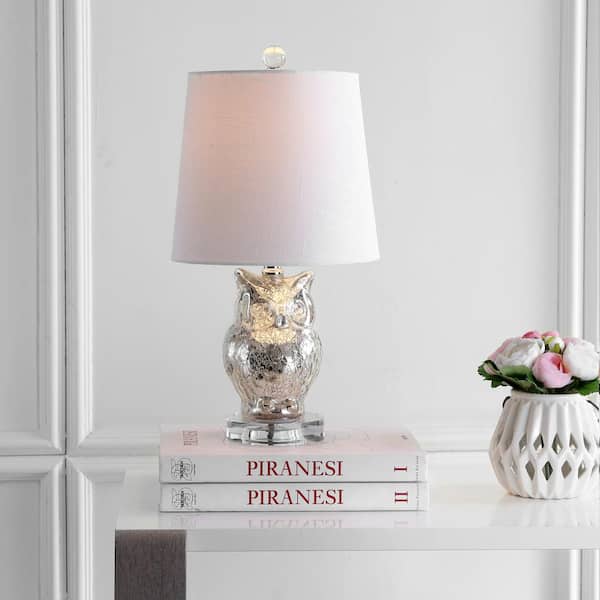 JONATHAN Y Night Owl 19 in. Silver/Ivory Glass/Crystal LED Table Lamp
