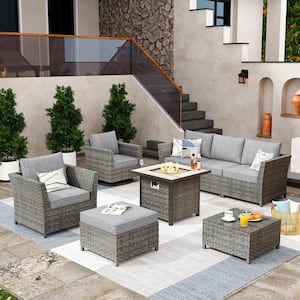 Fontainebleau Gray 8-Piece Wicker Outerdoor Patio Fire Pit Set with Dark Gray Cushions and Swivel Rocking Chairs