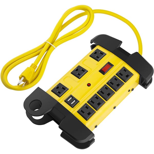 15 ft. Extension Cord 8-Outlet Heavy Duty Industrial Metal Power Strip Surge Protector in Yellow with USB