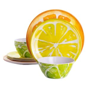 Sunny Citrus 12-Piece Assorted Designs Round Melamine Dinnerware Set (Service for 4)