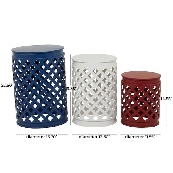 16 in. Multi Colored Round Iron Indoor Outdoor Stackable Nesting End Table with Laser Carved Trellis Design 3-Pieces