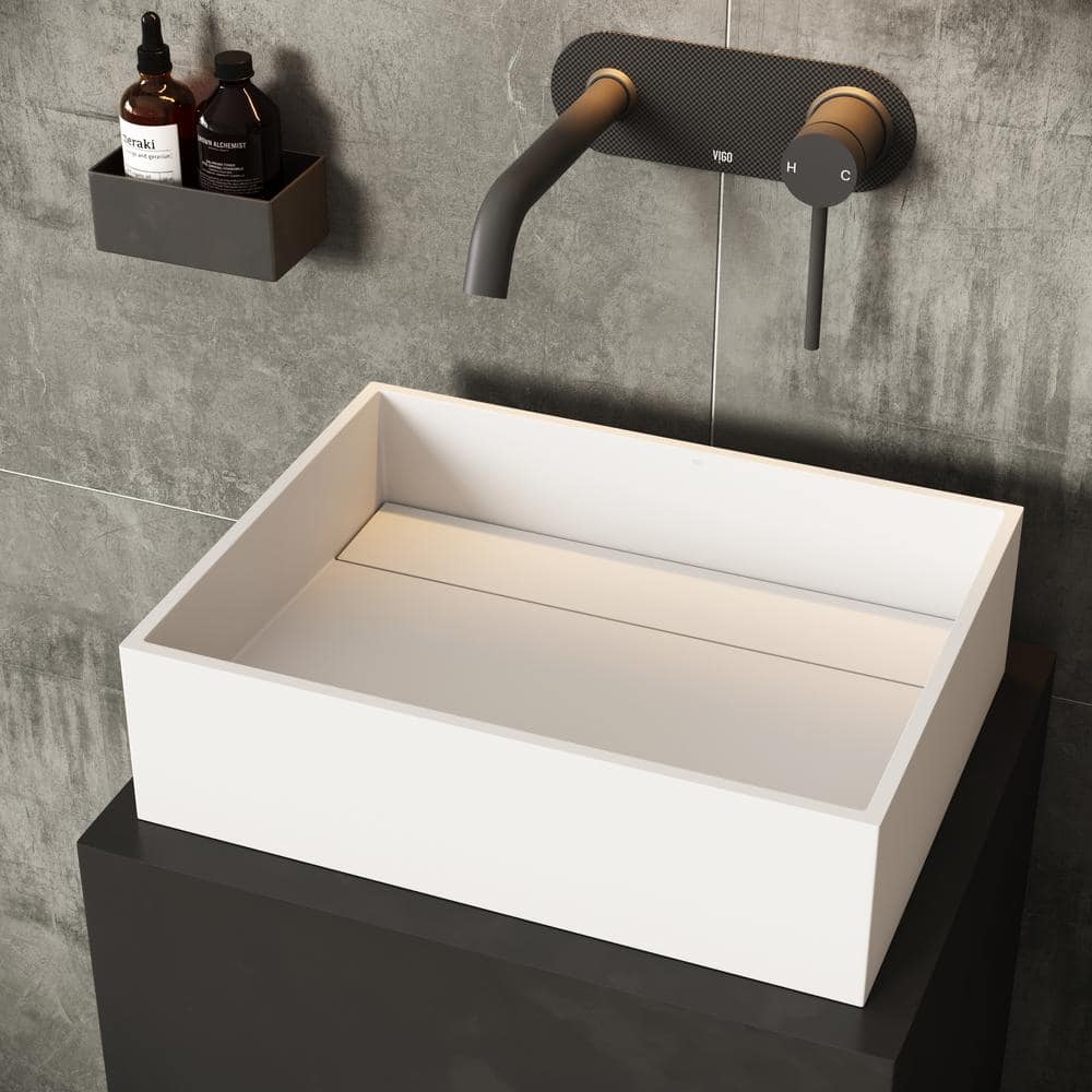Montauk White Matte Stone Rectangular Vessel Bathroom Sink