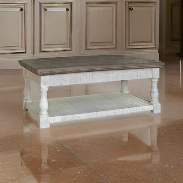 Benjara Custom Series 28 in. Vintage White and Weathered Gray Rectangle Wood Coffee Table with Spring Lift Top