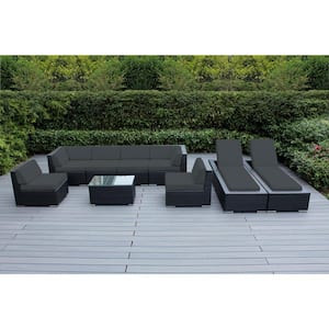 Black 9-Piece Wicker Patio Combo Conversation Set with Supercrylic Gray Cushions