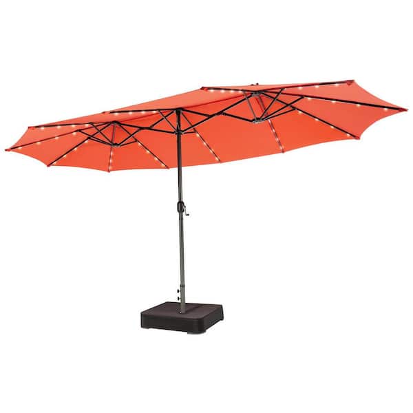 WELLFOR 15 ft. Steel Hand Crank Patio Market Umbrella in Orange With Base and Sandbags