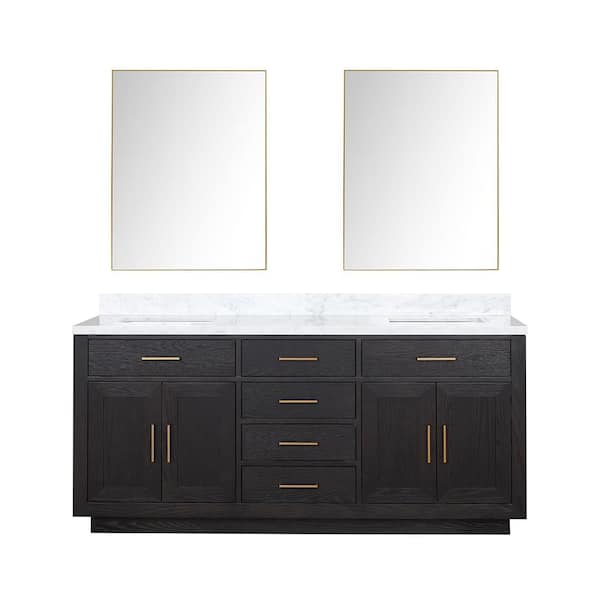 Condor 72 in W x 22 in D Black Oak Double Bath Vanity, Carrara Marble Top, and 34 in Mirrors