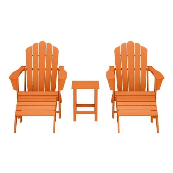 Aderson 5-Piece All Weather Outdoor Patio HDPE Adirondack Chairs w/ Cupholders, Side Table and Ottomans in Orange