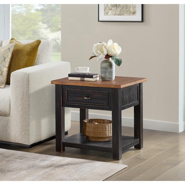 Martin Svensson Home Monterey 24 in. Black and Honey Square Solid Wood End Table with Drawer and Shelf