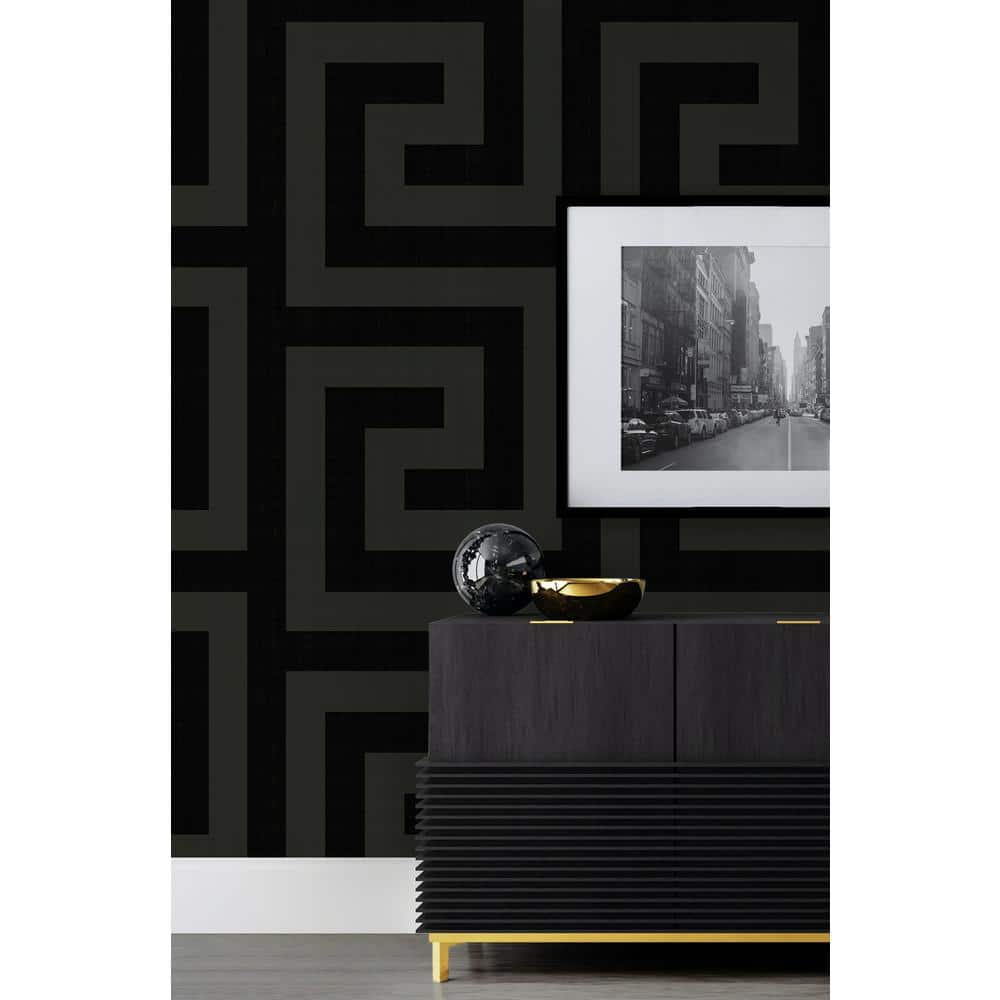 Ebony and Graphite Greek Key Peel and Stick Wallpaper
