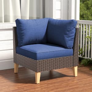 Chic Relax 1-Piece Brown Wicker Corner Seactional Outdoor Lounge Chair with Blue Cushions