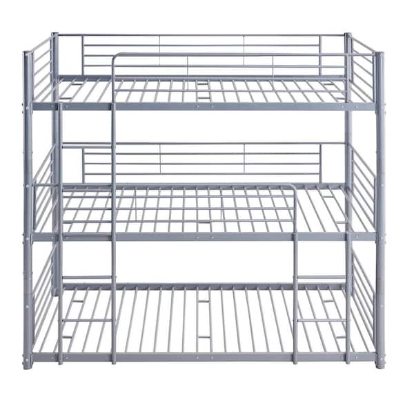STICKON Gray Twin-Twin-Twin Size Metal Bunk Beds with Built-in Ladder
