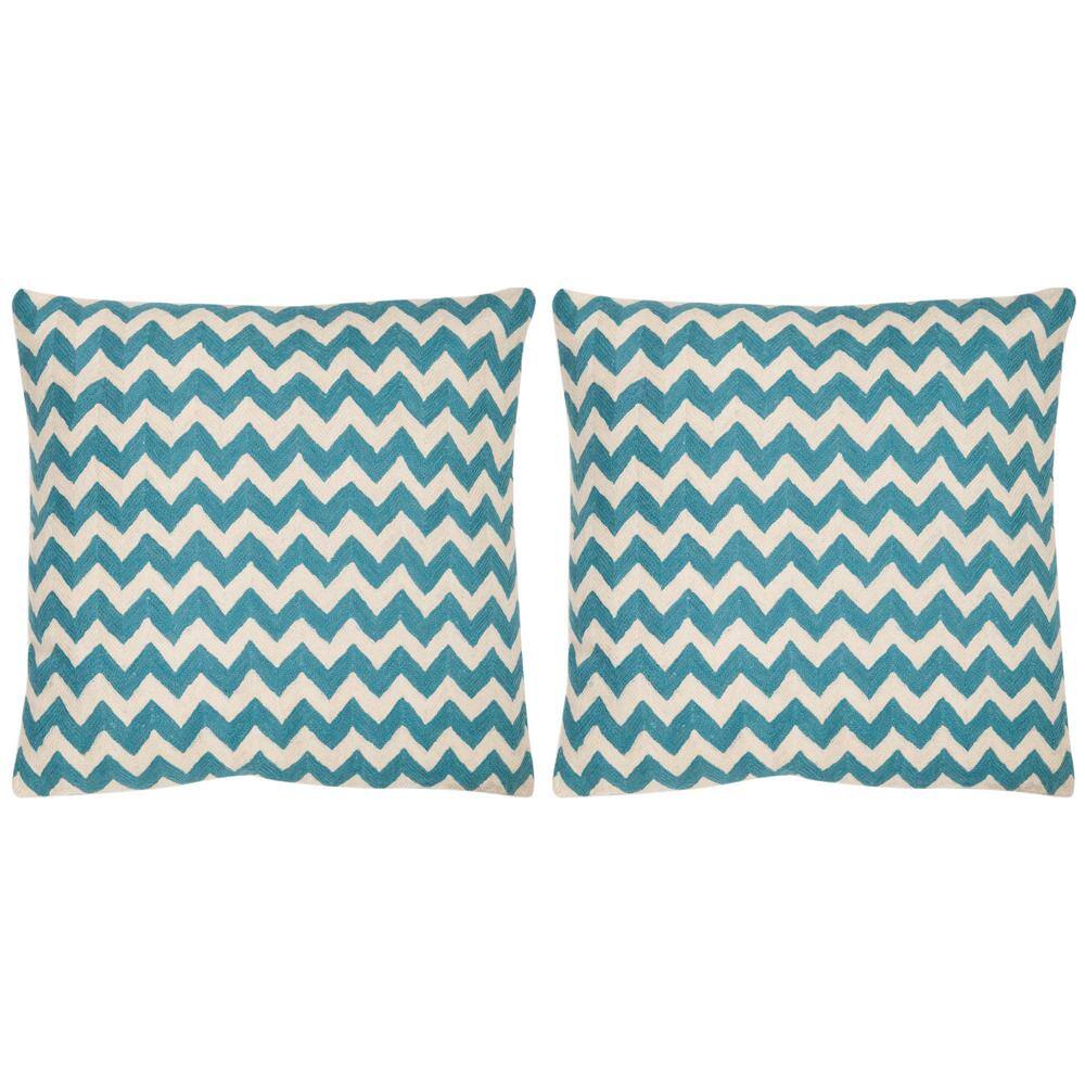 Blue Rain Embroidered Cotton Canvas Throw Pillows, 22" Set of 2