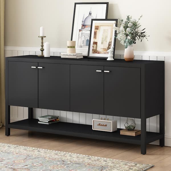 Harper & Bright Designs 59.6 in. Black 4-Door Rectangle MDF Top Entryway Console Table with Adjustable Shelves, Open Bottom Shelf