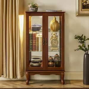 Walnut 3 Tier Curio Diapaly Cabinet with Adjustable Shelves and Mirrored Back Panel, light bulb not included
