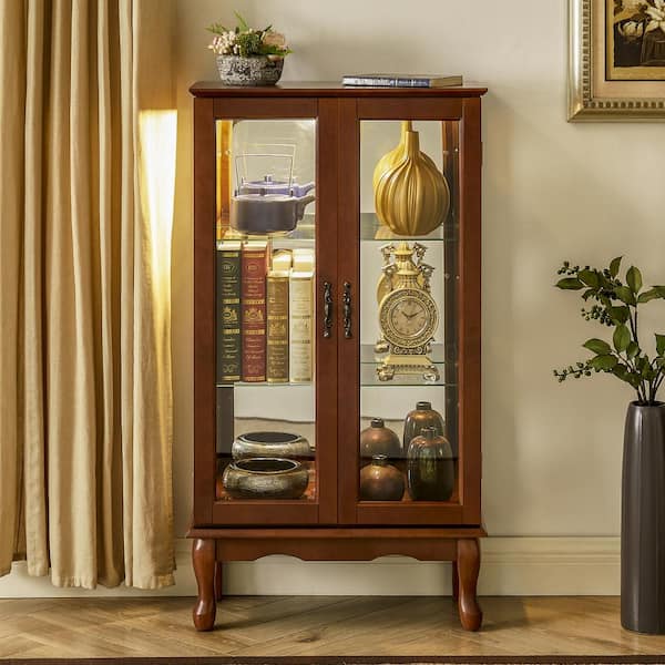 anpport Walnut 3 Tier Curio Diapaly Cabinet with Adjustable Shelves and Mirrored Back Panel, light bulb not included
