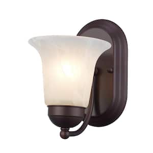 Cabernet Collection 1-Light Oiled Bronze Indoor Wall Sconce Light Fixture with White Marbleized Shade