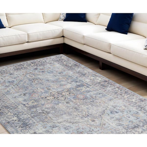 9' X 12' Blue and Gray Floral Medallion Power Loom Distressed Washable Area Rug