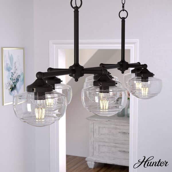Hunter Saddle Creek 7-Light Noble Bronze Schoolhouse Chandelier with Clear Seeded Glass Shades