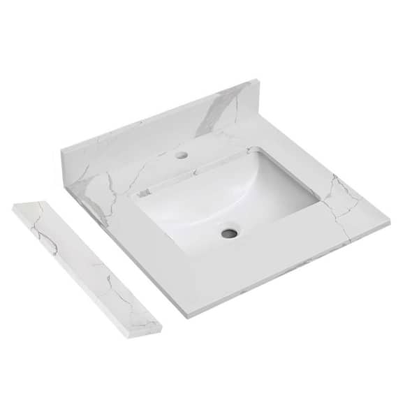 YASINU 24 in. W x 22 in. D Quartz Stone White Rectangular Single Sink Bathroom Vanity Top in Calacatta White with Sidesplash