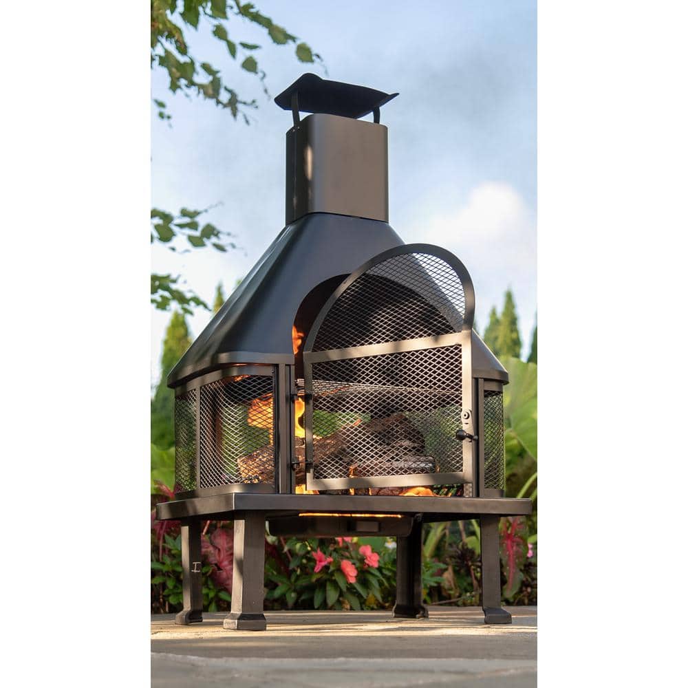 Black Steel Free-Standing Wood Burning Chimenea Fire Pit