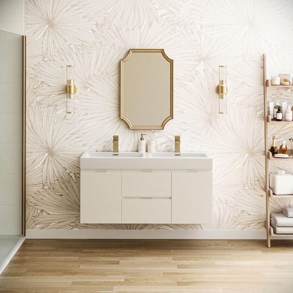 Valencia 48 in. W Wall Hung Bathroom Vanity in Glossy White with Double Acrylic Vanity Top in White