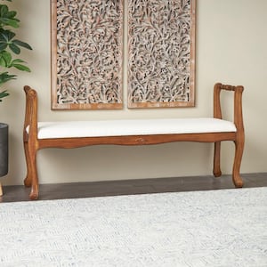 Cream Arm Bedroom Bench with Brown Traditional Wood Turned Legs 27 in. x 55 in. x 16 in.