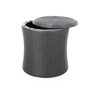 21 in. H Dark Grey Round Faux Wicker Outdoor Patio Side Table With storage space for Porch, Garden and Backyard