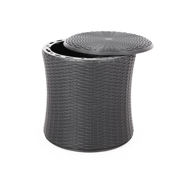 Zeus & Ruta 21 in. H Dark Grey Round Faux Wicker Outdoor Patio Side Table With storage space for Porch, Garden and Backyard