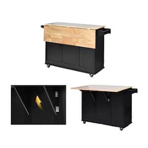Black Rubber Wood 53.5 in. Kitchen Island Kitchen Cart with Drop-Leaf Tabletop and Storage Cabinet
