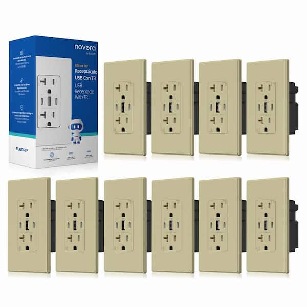 30W 6.0 Amp 3-Port USB Wall Outlet 20A Duplex Receptacle with Dual Type C and A Ports w/ Wall Plate Matte Ivory 10-Piece