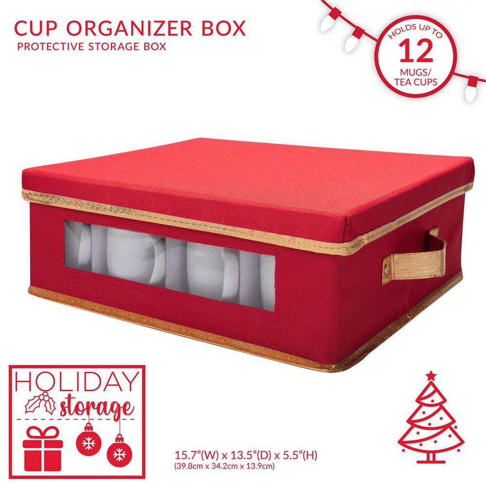 Red Fabric Collapsible Christmas Mug Storage Box with Lid