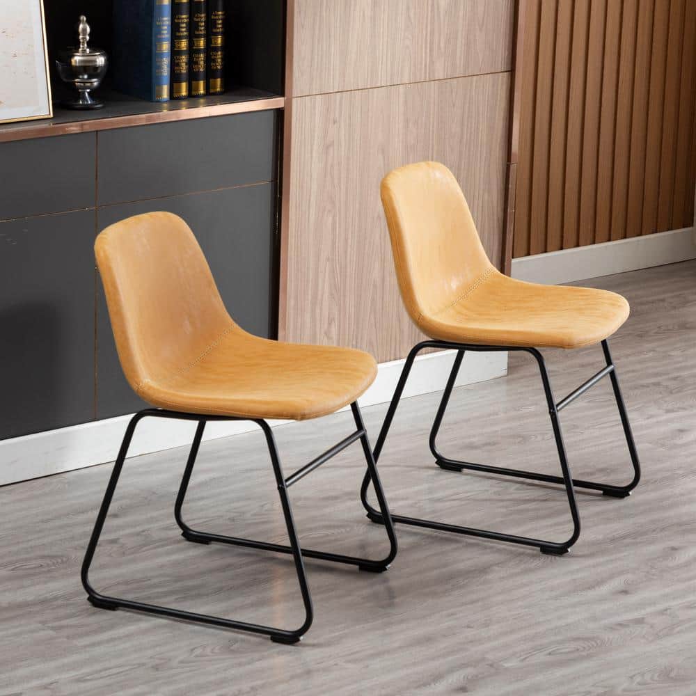Tan Faux Leather Upholstered Armless Side Chairs with Metal Legs, Set of 2