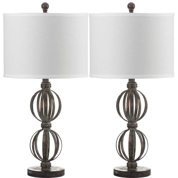 SAFAVIEH Calista 27.75 in. Oil-Rubbed Bronze Double Sphere Iron Table Lamp with Off-White Shade (Set of 2)