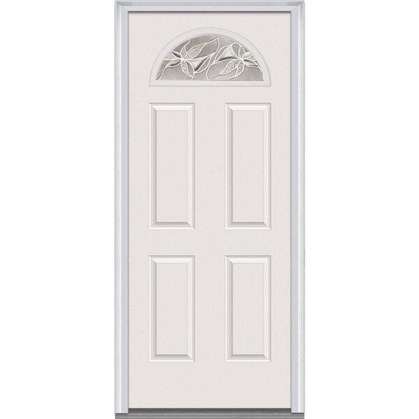 Milliken Millwork 30 in. x 80 in. Lasting Impressions Left Hand Fan Lite Decorative Modern Primed Fiberglass Smooth Prehung Front Door