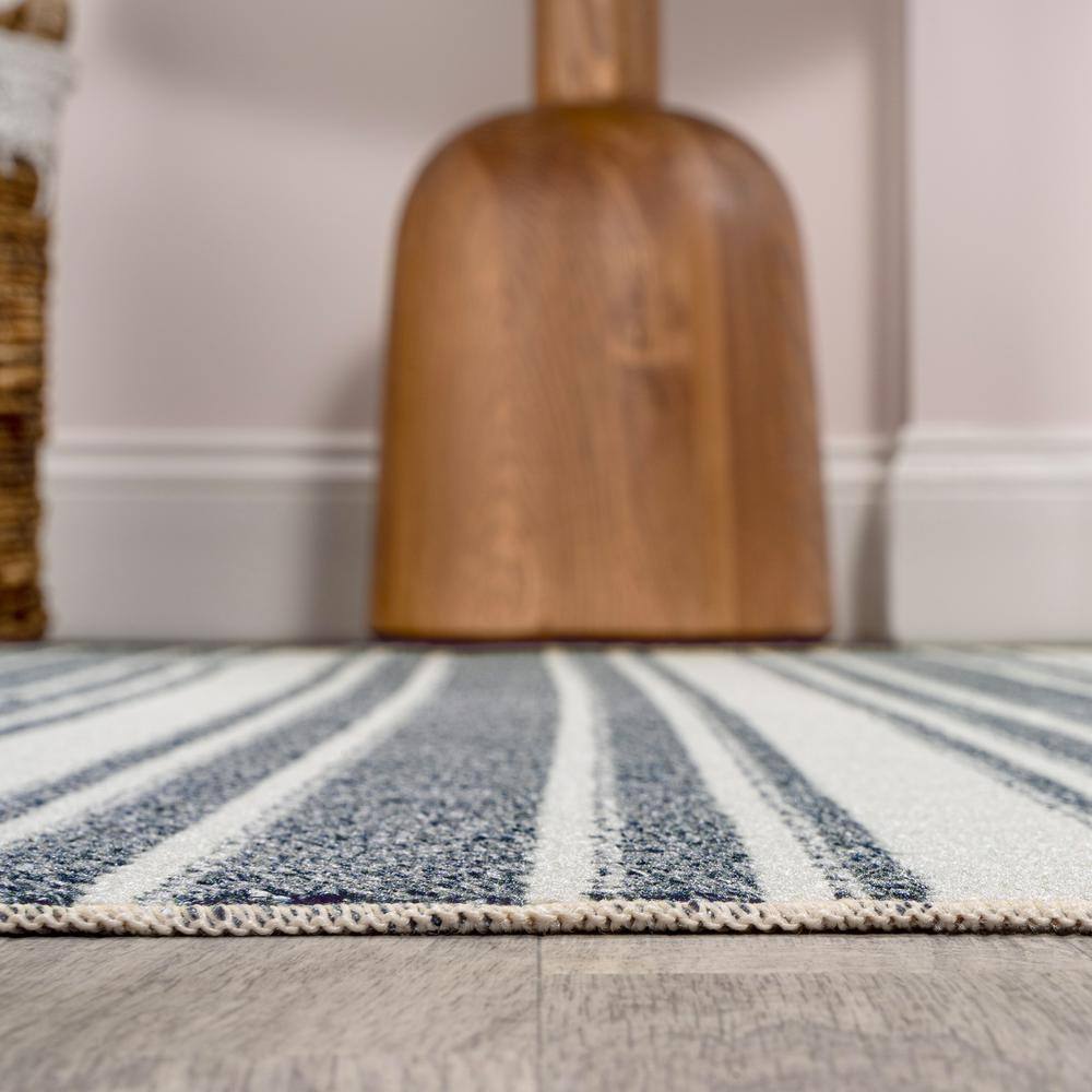 Cream and Dark Gray Striped Washable Synthetic Area Rug