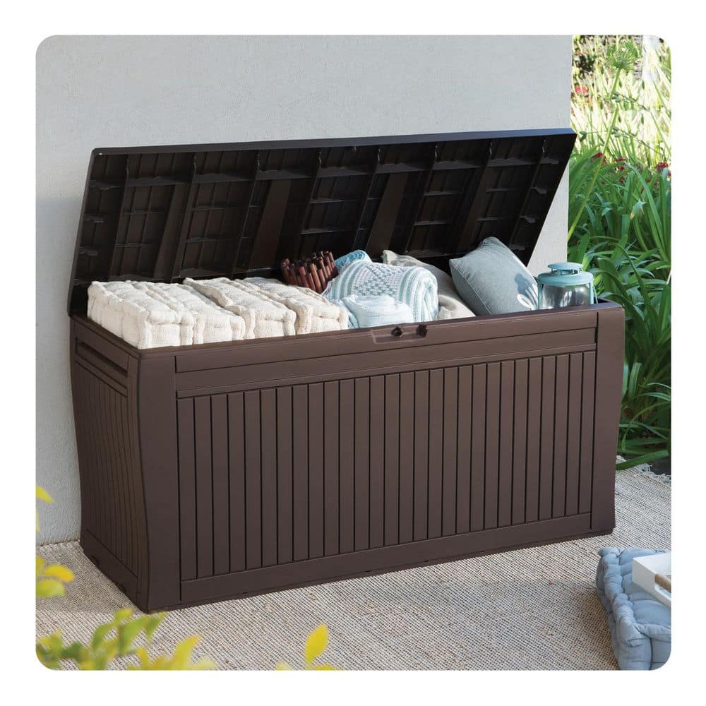 Keter Comfy 71 Gal. Weather Resisitant Plastic Resin Deck Box in Wood Look Brown