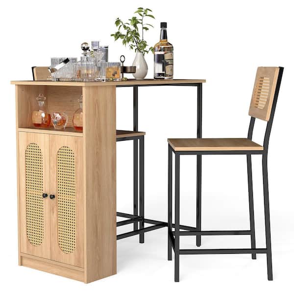 3 PCS 36 in. H Bar Table and Chairs Set w/ 2 Bar Stools & Storage Shelves Backrests